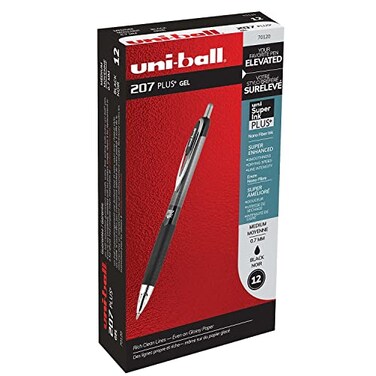 Uni-Ball uniball 207 Plus Retractable Gel Pen 12 Pack in Black with 07mm Medium Point Pen Tips UniSuper Ink is Smooth Vibrant and Protects Against Water Fading and Fraud