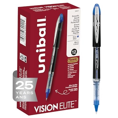 Uni-Ball uniball uniball Vision Elite Rollerball Pens with 05mm Fine Point Micro Tip Blue 12 Count