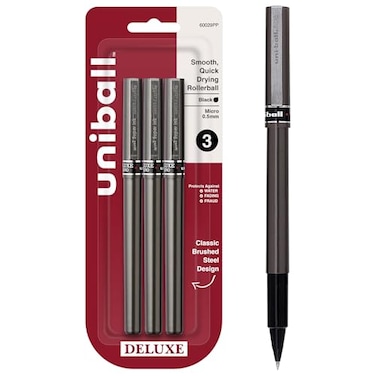 Uni-Ball uniball Deluxe Rollerball Pens Micro Point 05 mm Graphite Barrel Black Ink Pack Of 3