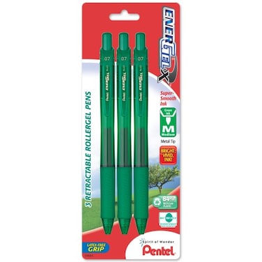 Pentel EnerGelX Retractable Liquid Gel Pen 07mm Medium Line Metal Tip Green Ink Pack of 3 BL107BP3D