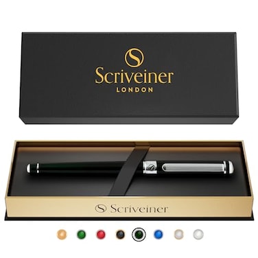 Scriveiner Black Green Rollerball Pen Stunning Luxury Pen Chrome Finish Schmidt Ink Refill Best Roller Ball Pen Gift Set for Men Women Professional Executive Office