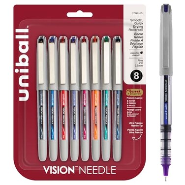 Uni-Ball uniball Vision Needle Roller Ball Pen Stick Fine 07 Mm Assorted Ink Colors Silver Barrel 8pack