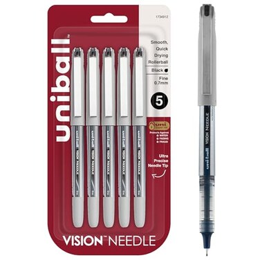 Uni-Ball uniball Vision Needle Rollerball Pens Fine Point 07mm Black 5 Pack