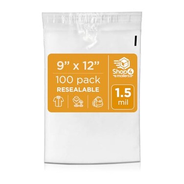 Shop4Mailers 9 x 12 Clear Plastic Poly Bags 15 Mil Self Seal Packaging for Apparel Jewelry Documents Prints Gifts Storage Resealable 100 Pack