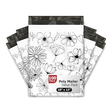 Pro Supply 10x13 100 Black and White Sketched Floral Summer Designer Poly Mailers Waterproof Self Sealing Tear Resistant Polymailers Shipping Envelopes Premium Printed Bags For Small Businesses