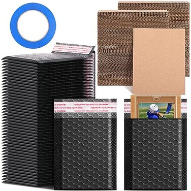Tatuo 301 Pcs Trading Card Shipping Protector Set Include 200 Corrugated Cardboard Sheets Inserts 100 Poly Bubble Mailers Padded Envelopes and Masking TapeBlack