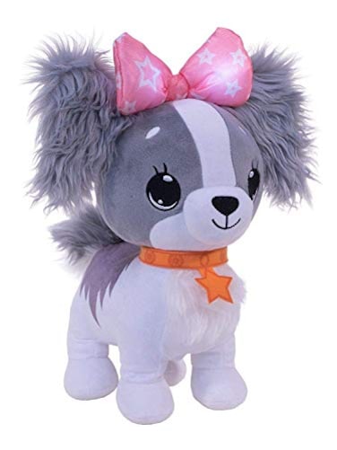 Wish Me Pets Light Up LED Plush Stuffed Animals Fluffy Grey Cavalier Puppy with Pink Bow