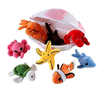 PELATOS Plush Soft Stuffed Ocean Sea Animals Playset with Plush Shell Package House for Storage Includes Stuffed Turtle Lobster Crab Dolphin Stingray Fish Octopus Starfish Nemo Striped Fish 8 Piece