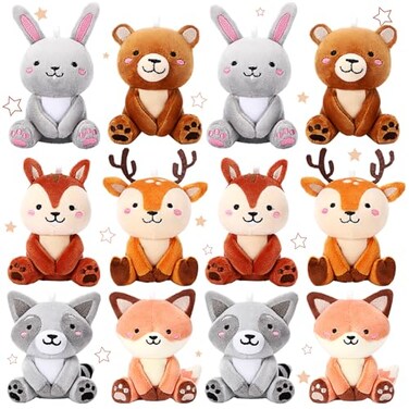 Suilung 12 Pcs Mini Woodland Stuffed Animals Bulk 4 Woodland Cute Animal Plush Toys Bear Rabbit Raccoon Fox Deer for Baby Shower Wedding Birthday Classroom Prizes Graduation Party Favors