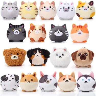 Halloscume 18 Pcs Mini Stuffed Animals Bulk Small Plush Cat Puppy 315 Inch Kitten Dog Toys Keychains Set for Easter Gifts Basket Stuffers Egg Fillers School Classroom Prizes Party Favors