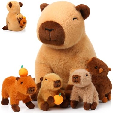 PullCrease 5in1 Capybara Stuffed Animals with Babies Inside 1575 Capybara Mommy with 4 Cute Babies Set Plush Pillow for Girls Boys Birthday Valentines GiftsSitting