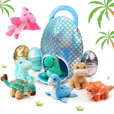 Zhanmai 11 Pcs Easter Dinosaur Stuffed Animal Small Dino Plush Toy and Egg Bag Set Cute Stuffed Dinosaur Animals Plush Toys Soft Stuff Animals for Birthday Dino Themed PartySequin