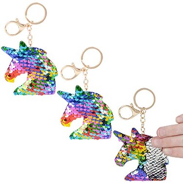 The Dreidel Company Rainbow Silver Unicorn Keychains Flip Sequin Plush 3Pack