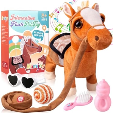 Marsjoy Walking Pony Toy Musical Singing Dancing Plush Interactive Pony Walk Along Horse with Leash Plush Stuffed Animal Shaking Head Buttocks Toy for Boy Girl Kid Ages 3 H 1181