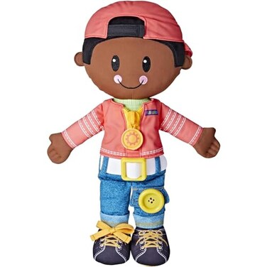 PlayMonster Playskool Dressy Kids Doll with Black Hair and Hat Activity Plush Toy with Zipper Shoelace Button for Kids Ages 2 and Up