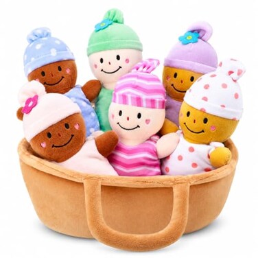Qpewep Basket Plush Baby Dolls Soft Multicultural Sensory Babies Toy Set 6 Piece Interchangeable Clothes Stuffed Plush Figures for All Ages Easter Gift