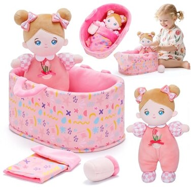 OUOZZZ Baby Doll Accessories with Soft Doll Bassinet Blanket and Bottle Interactive Pretend Playset for Social Emotional Learning Toy for 2 Year Old Girls