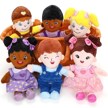 Qpewep Basket of Baby Plush Dolls 8 Plush Diversity Baby Dolls 6 Piece Set Interchangeable Clothes Soft Stuffed Plush Figures for All Ages Xmas Gift