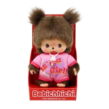 Sekiguchi 203857 Original Bebichhichi Girl Plush Toy with Pink Romper and Two Braids Approx 14 cm Large Cuddly Toy Made of Brown Plush