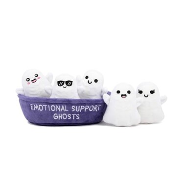 WHAT DO Emotional Support Ghosts by Relatable Cuddly Plush Collectibles and Cute Stuffed Animals Spooky Halloween Ghost Plushies and Fun Trick or Treat Toys Includes 5 Plushies with Carrying Basket