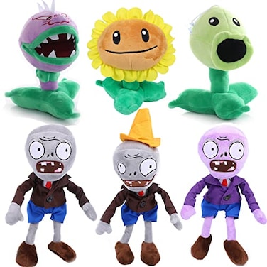 JHESAO 6 PCS Plants and Zombies PVZ Plush Zombies Plants Sets Peashooter Conehead Chomper Sunflower Figures in Gray and Purple