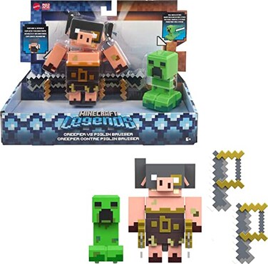 Mattel Minecraft Legends Action Figure 2Pack Creeper vs Piglin Bruiser Set Attack React Collectible Toys 325inch Scale