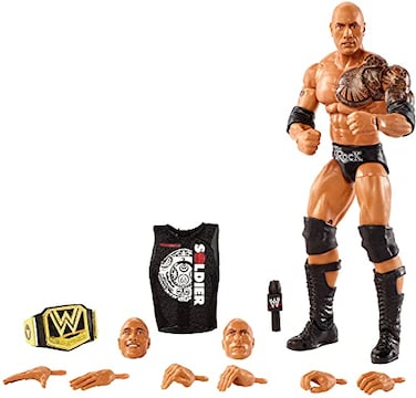 Mattel WWE Ultimate Edition The Rock Action Figure with Interchangeable Heads Swappable Hands WWE Championship for Ages 8 Years Old Up
