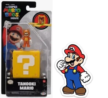 THE SUPER MARIO BROS MOVIE 125 inch Mini Figure with Question Block with Sticker Combo Pack Tanooki Mario