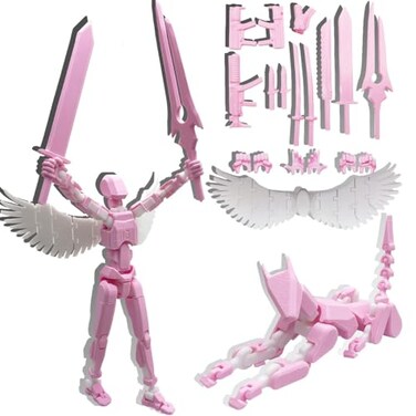 masijssa T13 3D Action Figures Set Titan 13 Action Figure Dummy 3D Printed Robo MultiJointed Movable Toy with Full Articulation for Collectors Desktop Assembly Completed Pink White Figure Dog