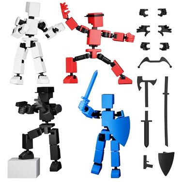 zumelio 4PCS Mini Titan T13 Action Figures Set Assembly Completed Luck Dummy Robot 13 Action Figure Toys for Boys Stick Figures with Multi Joints Movable Fidget Gifts for KidsBlackWhiteBlueRed
