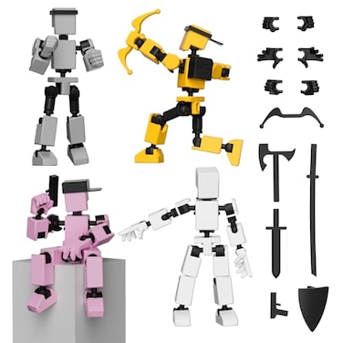 zumelio 4PCS Mini Titan T13 Action Figures Set Assembly Completed Luck Dummy Robot 13 Action Figure Toys for Boys Stick Figures with Multi Joints Movable Fidget Gifts for KidsWhiteGrayYellowPink