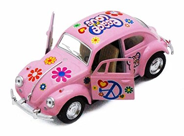 KiNSMART 1967 Volkswagen Classical Beetle wPeace Love Decals Pink 5 136 Scale Die Cast Metal Model Toy Car wPullback Action