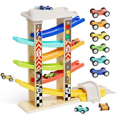 TOP BRIGHT TOP Bright Wooden Race Track Car Ramp Toys for Toddlers 13 Years Old with 6 Mini Cars 1 Car Garage Extra Bridges Toddler Montessori Toys for 1 Year Old Boys Girls Birthday