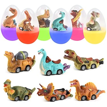 Cherislpy 6 Pack Jumbo Eggs with Dinosaur Pull Back Cars Toys Inside for Kids Boys Toddlers Easter Basket Stuffers Party Favors Easter Egg Fillers