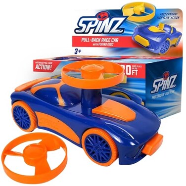 Spinz Race Car with Flying Disc Launcher Pull Back Bumper Toy Racer Kids Boys Girls Gift Orange Blue Ages 3