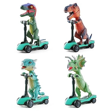 DINOBROS Dinosaur Scooter Toys Pull Back Cars Mini Finger Kick Scooters Boy Toy Age 3 4 5 6 Dino Gift Sets for Kids 4Pack