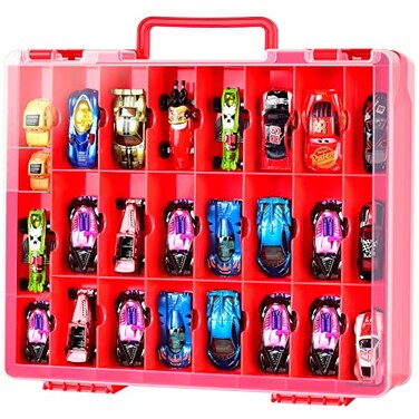 FULLCASE Toys Organizer Storage Compatible with Hot Wheels Car Container for Matchbox Cars Mini Toy Small Dolls Double Sided Carrying Box for Hotwheels 48 Compartments Case Only Red
