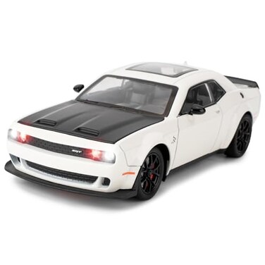 BDTCTK 124 Dodge Challenger Hellcat Model Car Zinc Alloy Pull Back Toy car with Sound and Light for Kids Boy Girl GiftWhite
