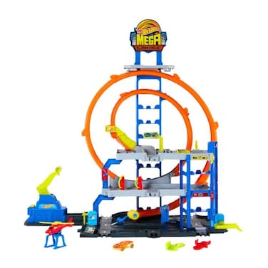 Hot Wheels Toy Car Track Set with DieCast Car Helicopter 2 Loops Storage for 36 164 Scale Vehicles Speed Snap Adapters Mega Loop Garage