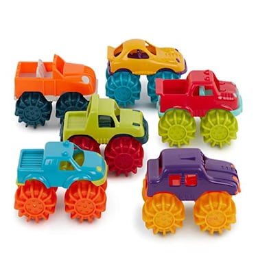 Battat Plastic Toy Cars 6 Pack Storage Bag Colorful Toddler Trucks Easy to Clean 2 Years Mini Monster Trucks