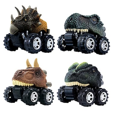 DINOBROS Pull Back Dinosaur Car Toys 4 Pack Dino Toys for 3 Year Old Boys and Toddlers TRex Dinosaur Games Monster Trucks