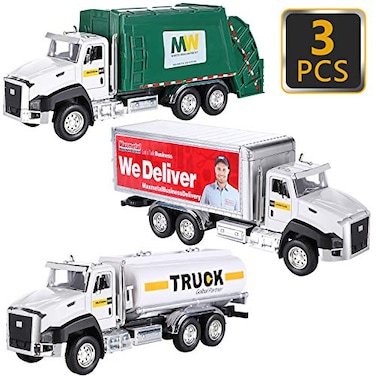 G.C GC 3 Pack Diecast Transport Vehicles Set Garbage Truck Tanker Delivery Truck 150 Scale Pull Back Metal Model Car Toys for Boys