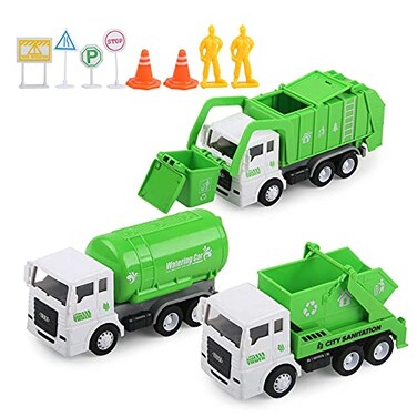 FIVEDAOGANG Toy Vehicles Set 3 Pack Sanitation Truck Car Model Garbage Trucks Water Tanker Playset with 8 Signpost Friction Power for Boys Age 3 Toddlers Kids Holiday Birthday Gift Children