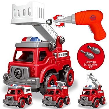 Toyk 4in1 Take Apart Toys Truck with Electric Drill DIY Assembly Fire Truck Toy Vehicles Kids STEM Building Educational Cars Toys Birthday Gifts for Age 3 4 5 6 7 8 Years Old Boys Girls