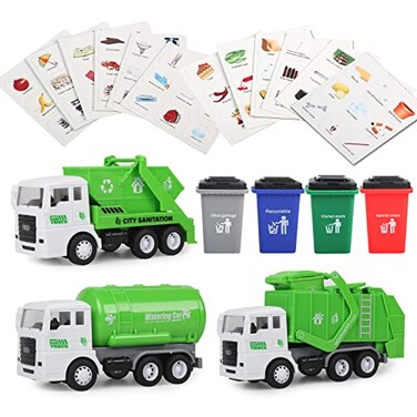FIVEDAOGANG Garbage Truck Toy 3 Pack Friction Powered Waste Management Garbage Truck Game with Front Load Dumpster Back Dump Garbage4 Trash Bins with 108 pcs Trash Cards Gift for 3 Years Old Kids