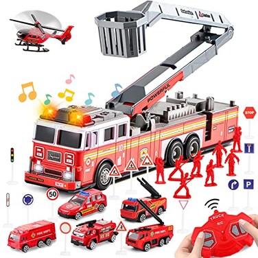 deAO Fire Truck Toys for Boys with Lights and SoundsRC Remote Control Firetruck with Fodable 360 Rotating LadderPull Back Vehicles Toys Gifts for 3 4 5 6 Boys Girls Kids Classic Edition