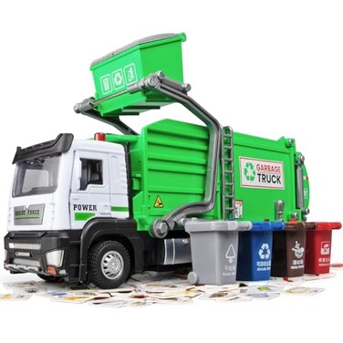 OANMYJJO Garbage Truck Toys for Kids Metal Diecast Toy Car Pull Back Toy Car with Lights and SoundsRecycling Truck Toy with Trash Cans and BinsGarbage Trucks for Kids Boys Girls Age 3