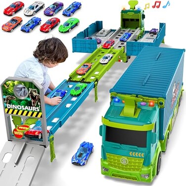 Diuerma Carrier Truck Race Track Toddler Toys Foldable 3 Layer Toddler Track Playset Dinosaur Toy Truck Transport Car Carrier 8 Race Cars Truck Car Kids Toy Gifts for Age 3 4 5 6 Year Old Boys Girls