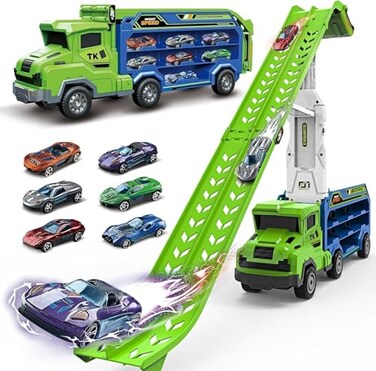 ShyLizard Toddler Car Truck ToysCar Carrier Truck Toys for Kids Age 35 48Foldable Car Track Sets with 28Ft Race Track and 6 DieCast Race Cars Truck Toys Gifts for 3 4 5 6 7 8 Year Old Boys GirlsGreen