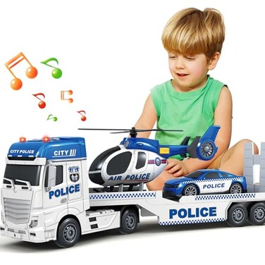 SpringFlower Toddler Boy Toys 25 Large Police Truck Toy with Racing Car and Helicopter3 in 1 Police Car Boy Toy Christmas Birthday Gifts for Kids 3 4 5 6 Years Old